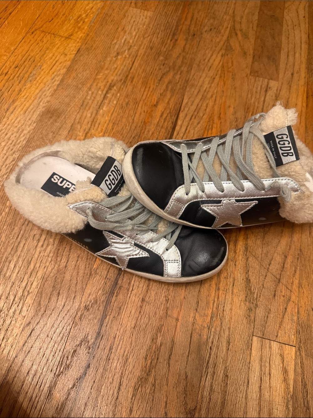 Golden Goose Superstar Sabot Black/Silver Leather Star Sneaker w/Shearling Trim